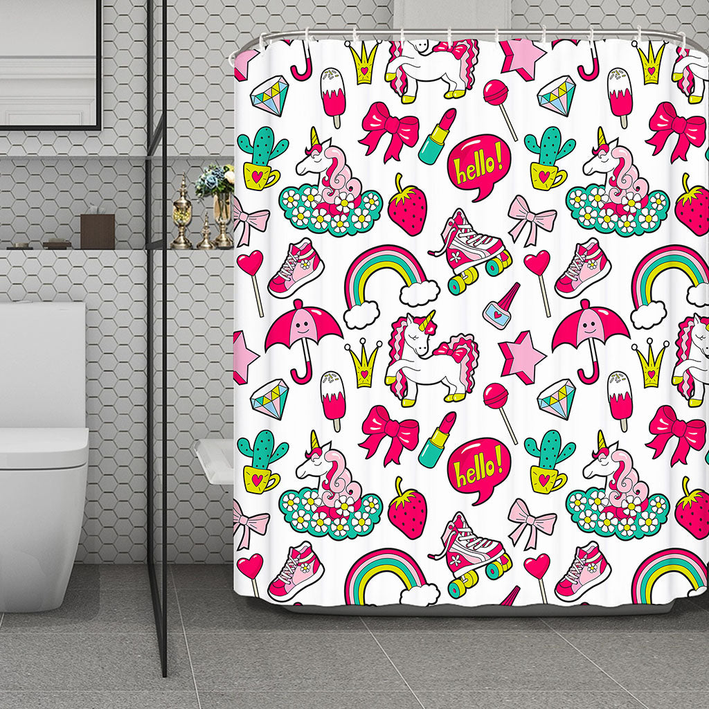 White Girly Unicorn Pattern Print Polyester Shower Curtain