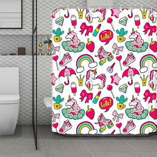 White Girly Unicorn Pattern Print Polyester Shower Curtain