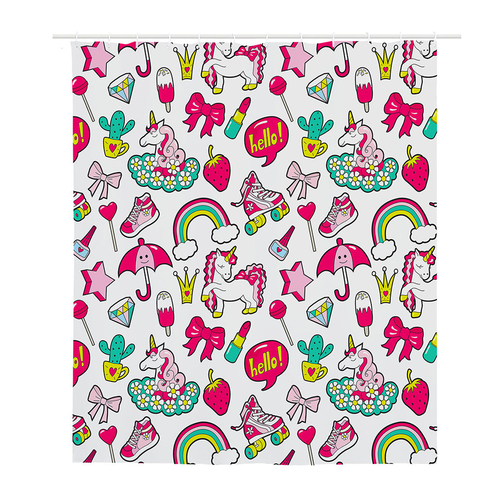 White Girly Unicorn Pattern Print Polyester Shower Curtain