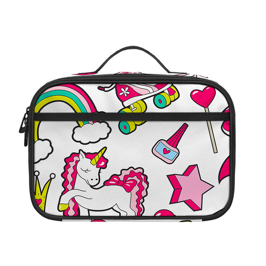 White Girly Unicorn Pattern Print Portable Lunch Bag