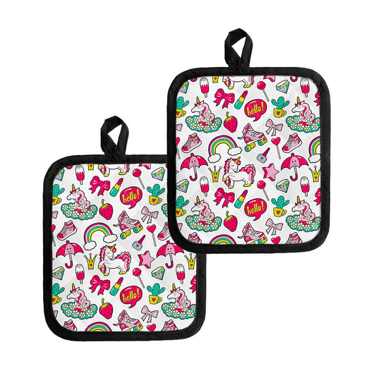 White Girly Unicorn Pattern Print Pot Holders
