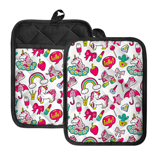 White Girly Unicorn Pattern Print Pot Holders With Pocket