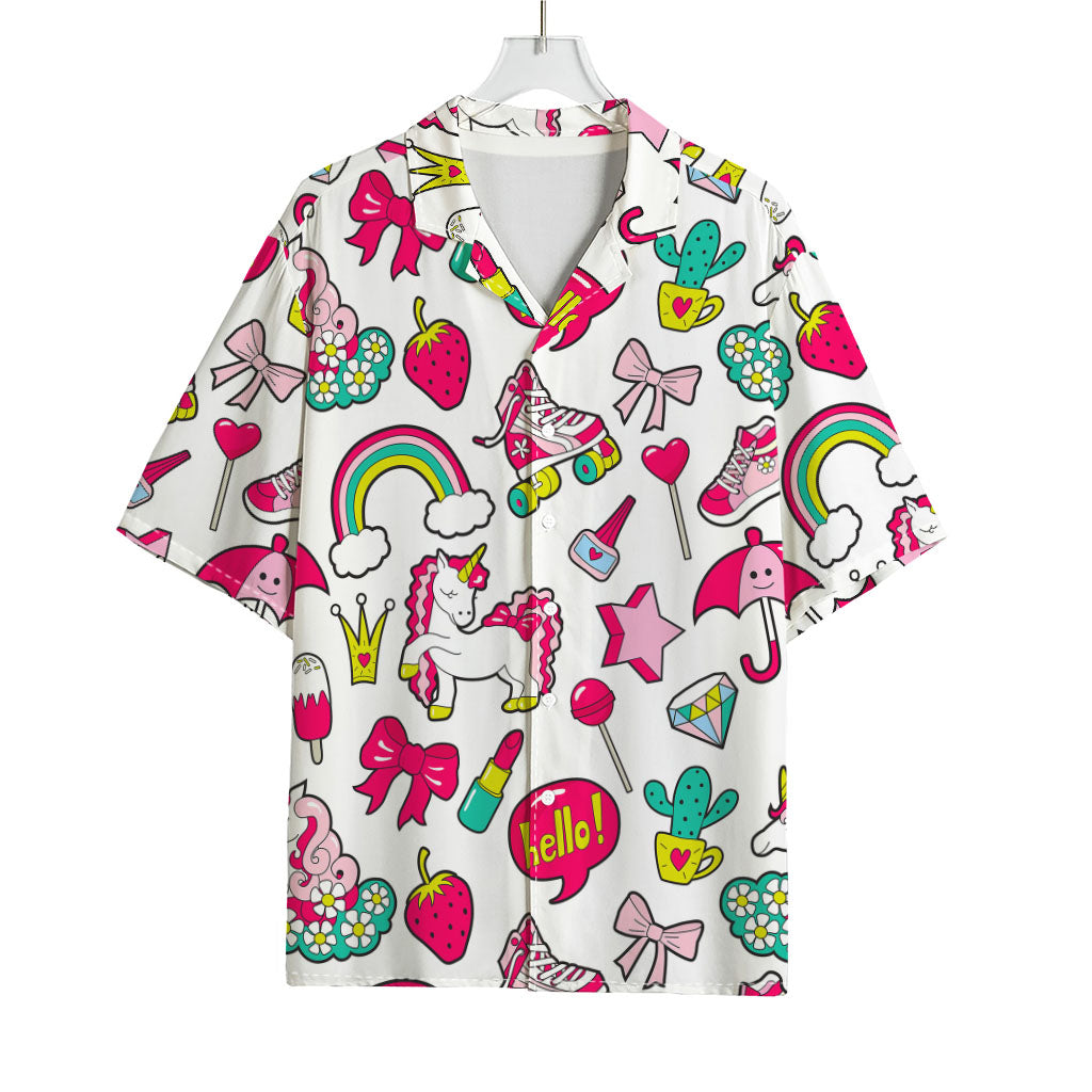 White Girly Unicorn Pattern Print Rayon Hawaiian Shirt