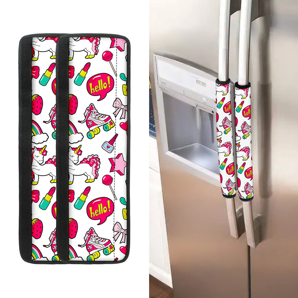 White Girly Unicorn Pattern Print Refrigerator Handle Covers