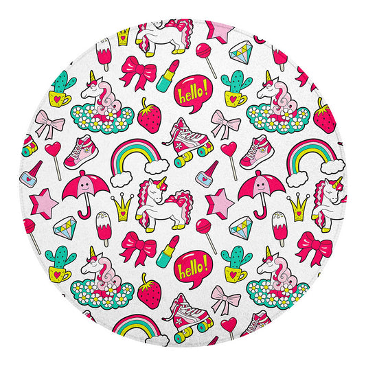 White Girly Unicorn Pattern Print Round Blanket