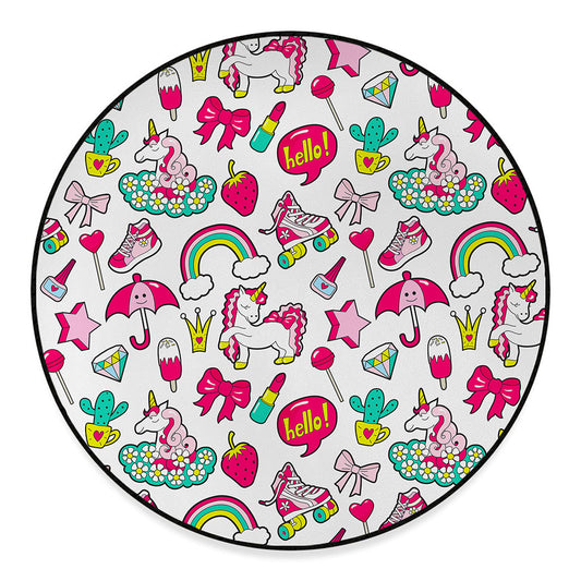 White Girly Unicorn Pattern Print Round Floor Mat
