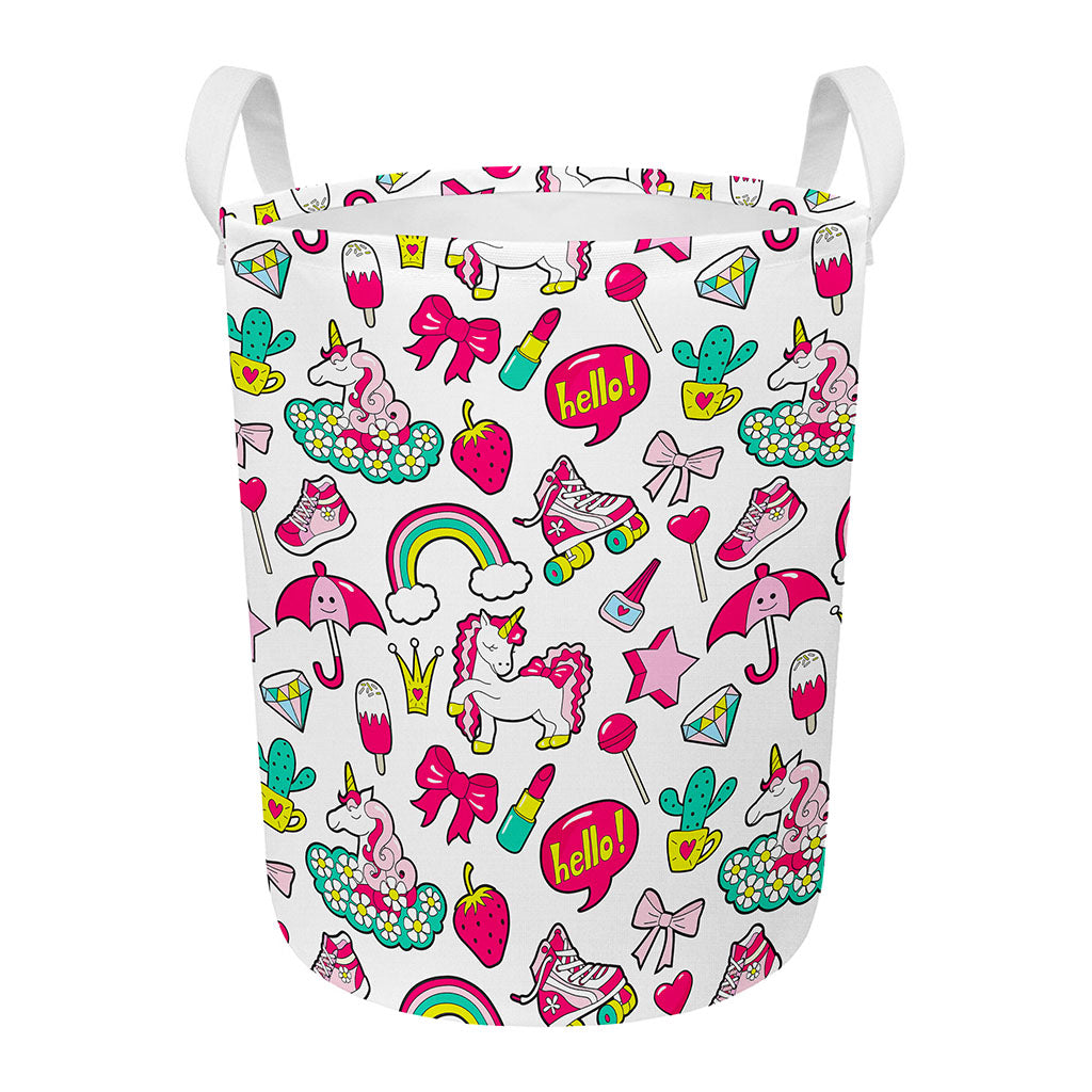 White Girly Unicorn Pattern Print Round Laundry Basket
