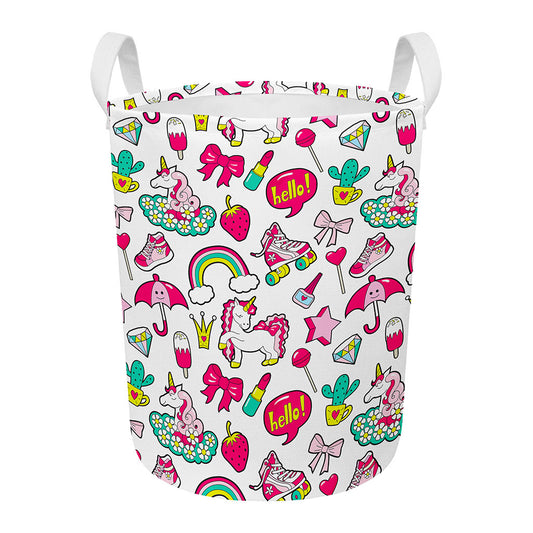 White Girly Unicorn Pattern Print Round Laundry Basket