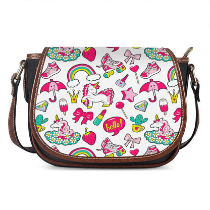 White Girly Unicorn Pattern Print Saddle Bag