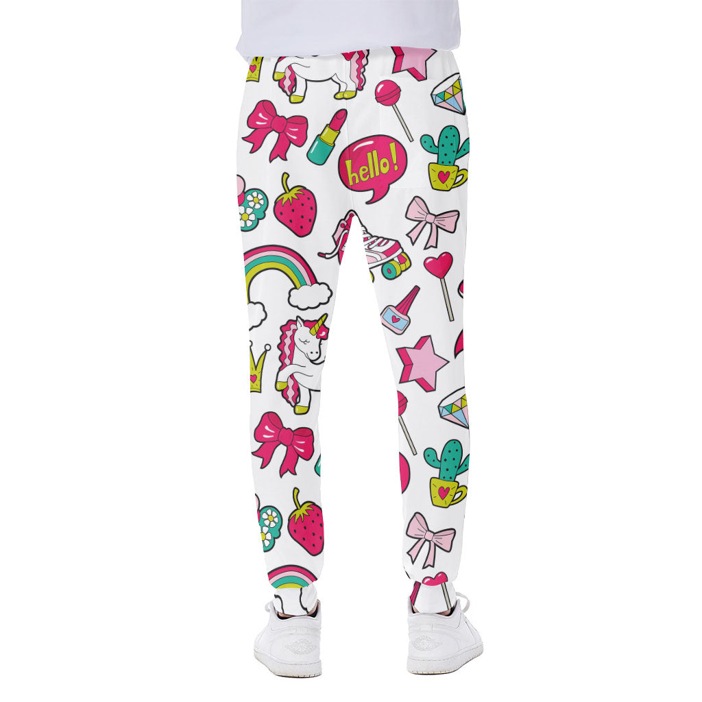 White Girly Unicorn Pattern Print Scuba Joggers