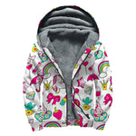 White Girly Unicorn Pattern Print Sherpa Lined Zip Up Hoodie