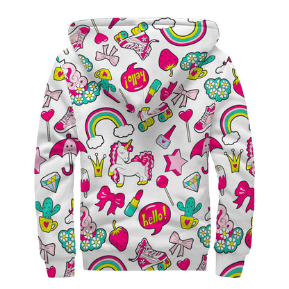 White Girly Unicorn Pattern Print Sherpa Lined Zip Up Hoodie