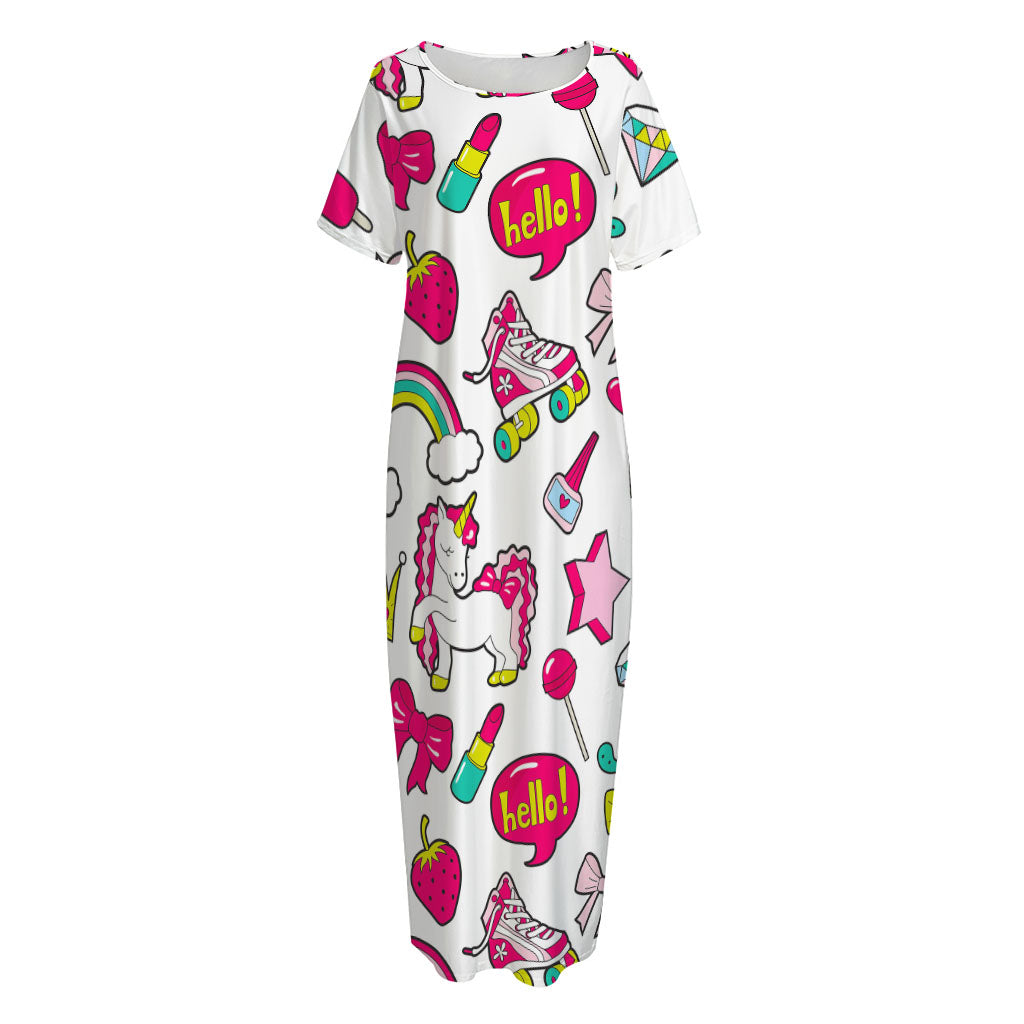 White Girly Unicorn Pattern Print Short Sleeve Long Nightdress