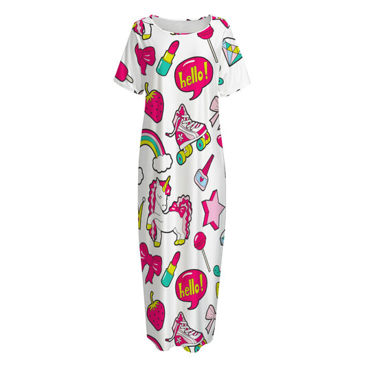 White Girly Unicorn Pattern Print Short Sleeve Long Nightdress