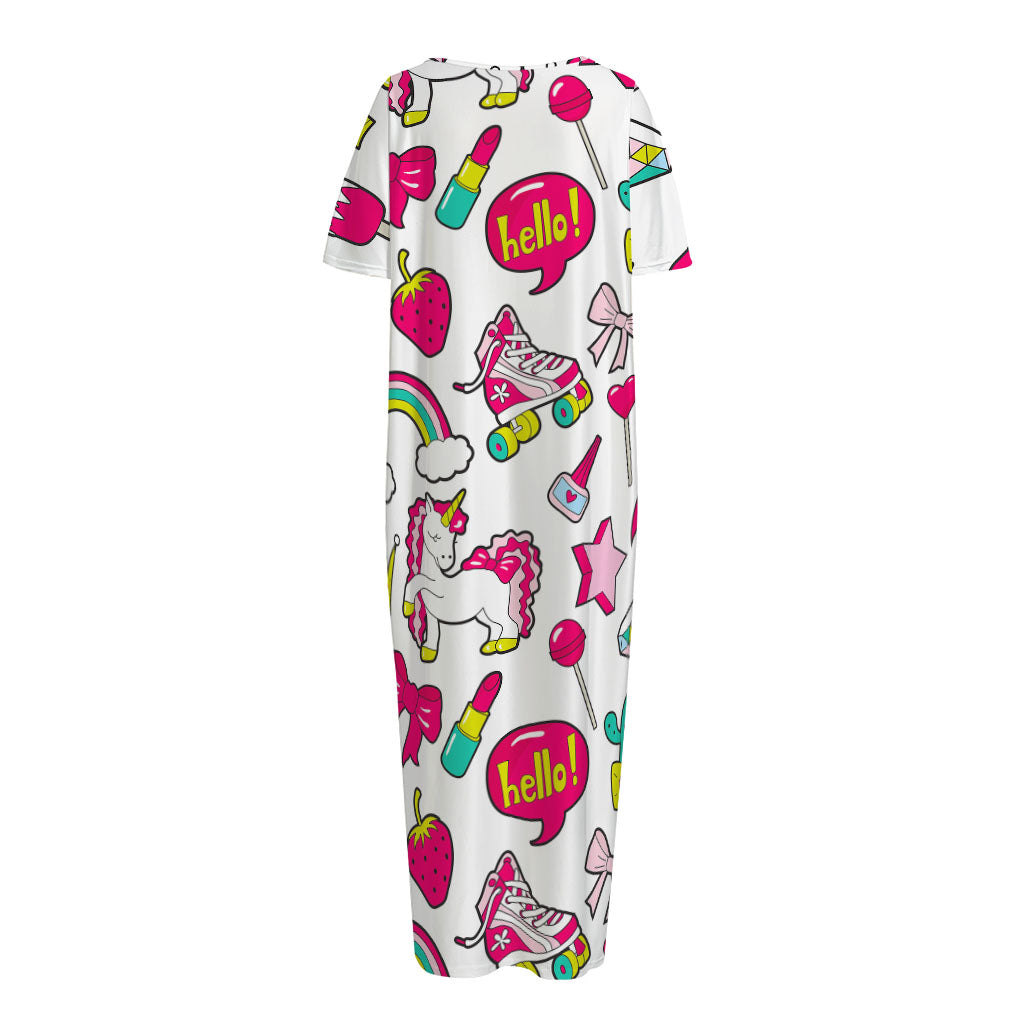 White Girly Unicorn Pattern Print Short Sleeve Long Nightdress