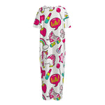 White Girly Unicorn Pattern Print Short Sleeve Long Nightdress