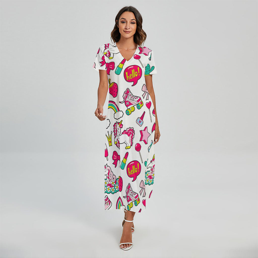 White Girly Unicorn Pattern Print Short Sleeve Maxi Dress