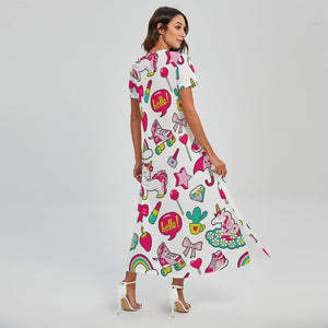 White Girly Unicorn Pattern Print Short Sleeve Maxi Dress