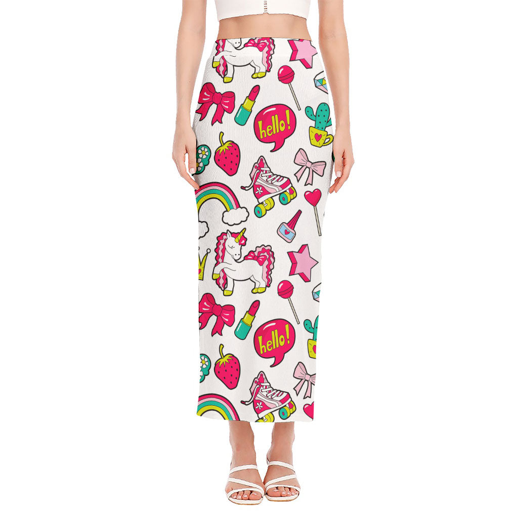 White Girly Unicorn Pattern Print Side Slit Maxi Skirt