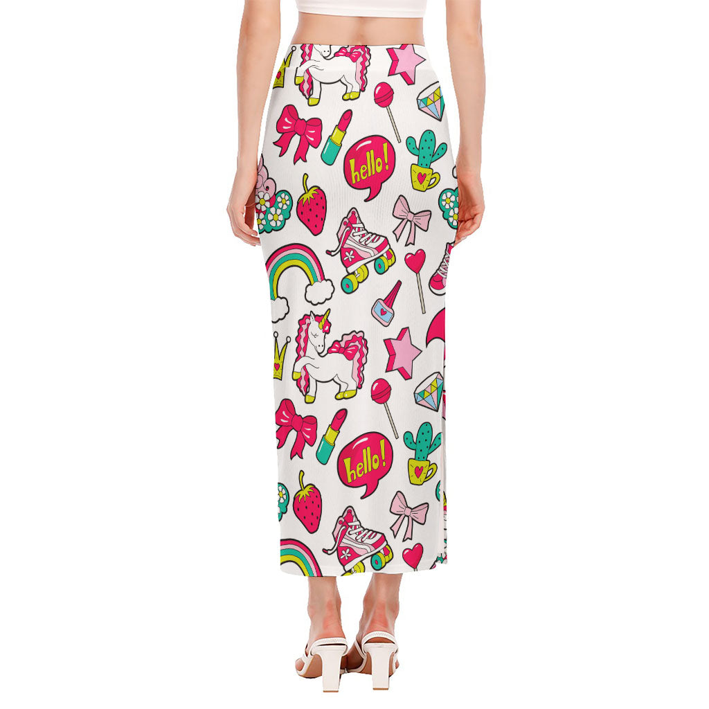 White Girly Unicorn Pattern Print Side Slit Maxi Skirt