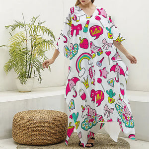 White Girly Unicorn Pattern Print Silk V-Neck Kaftan Dress