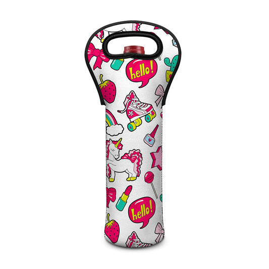 White Girly Unicorn Pattern Print Single Neoprene Wine Tote