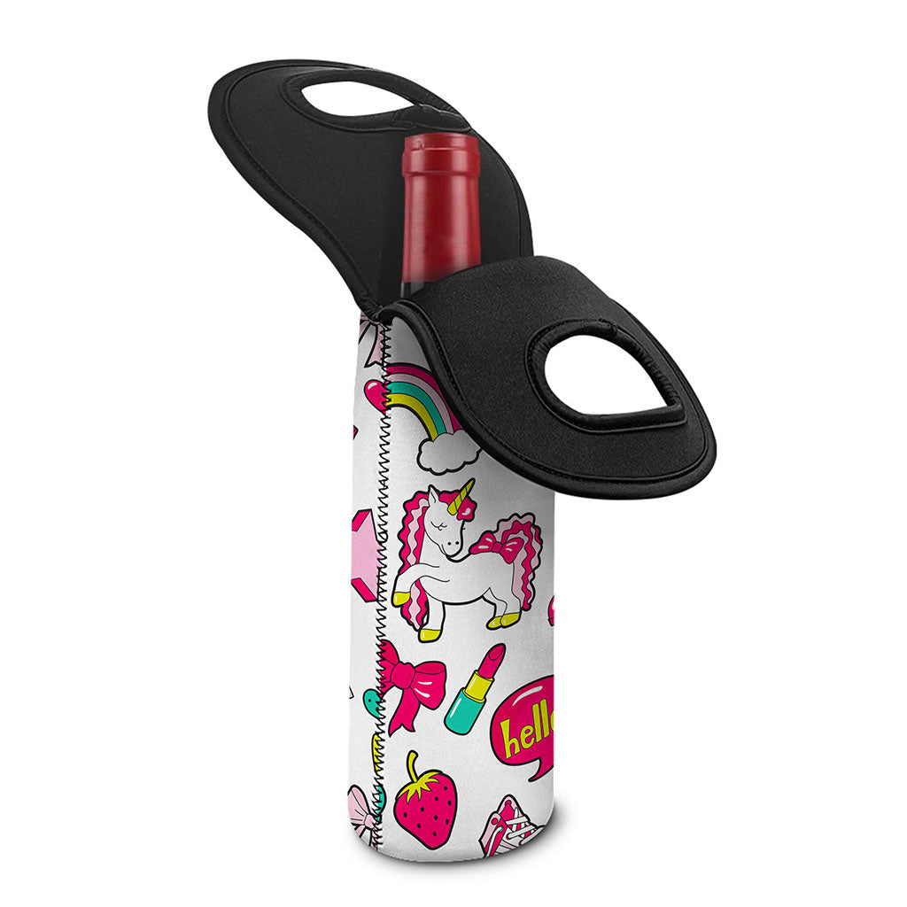 White Girly Unicorn Pattern Print Single Neoprene Wine Tote