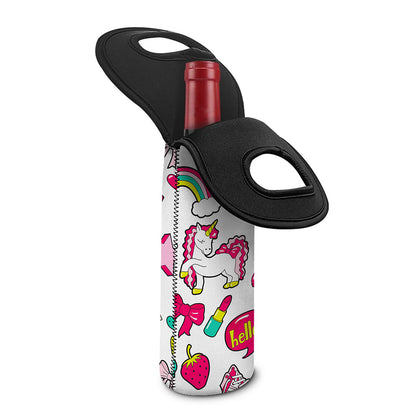 White Girly Unicorn Pattern Print Single Neoprene Wine Tote