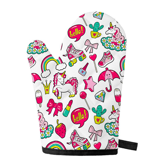 White Girly Unicorn Pattern Print Single Oven Mitt