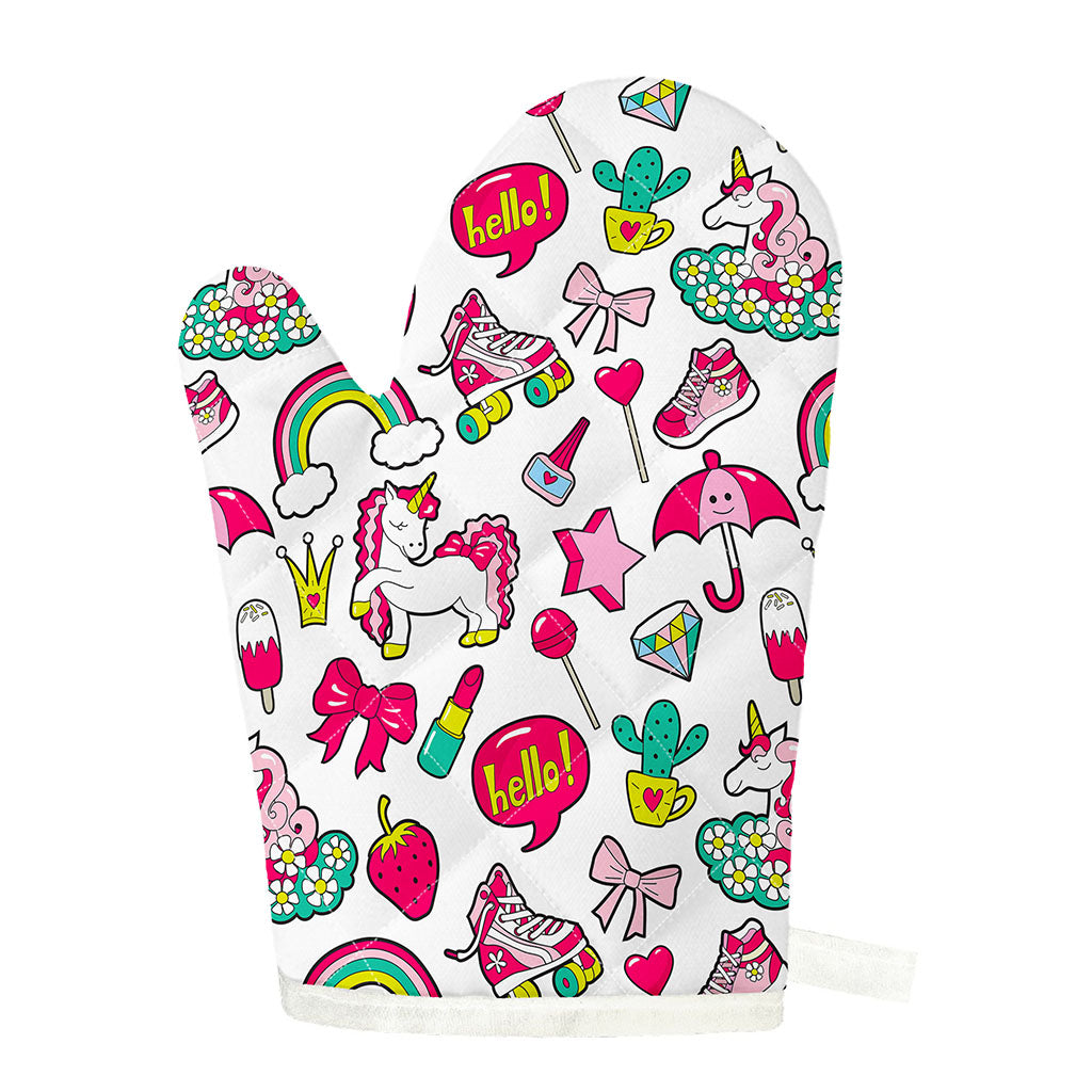 White Girly Unicorn Pattern Print Single Oven Mitt