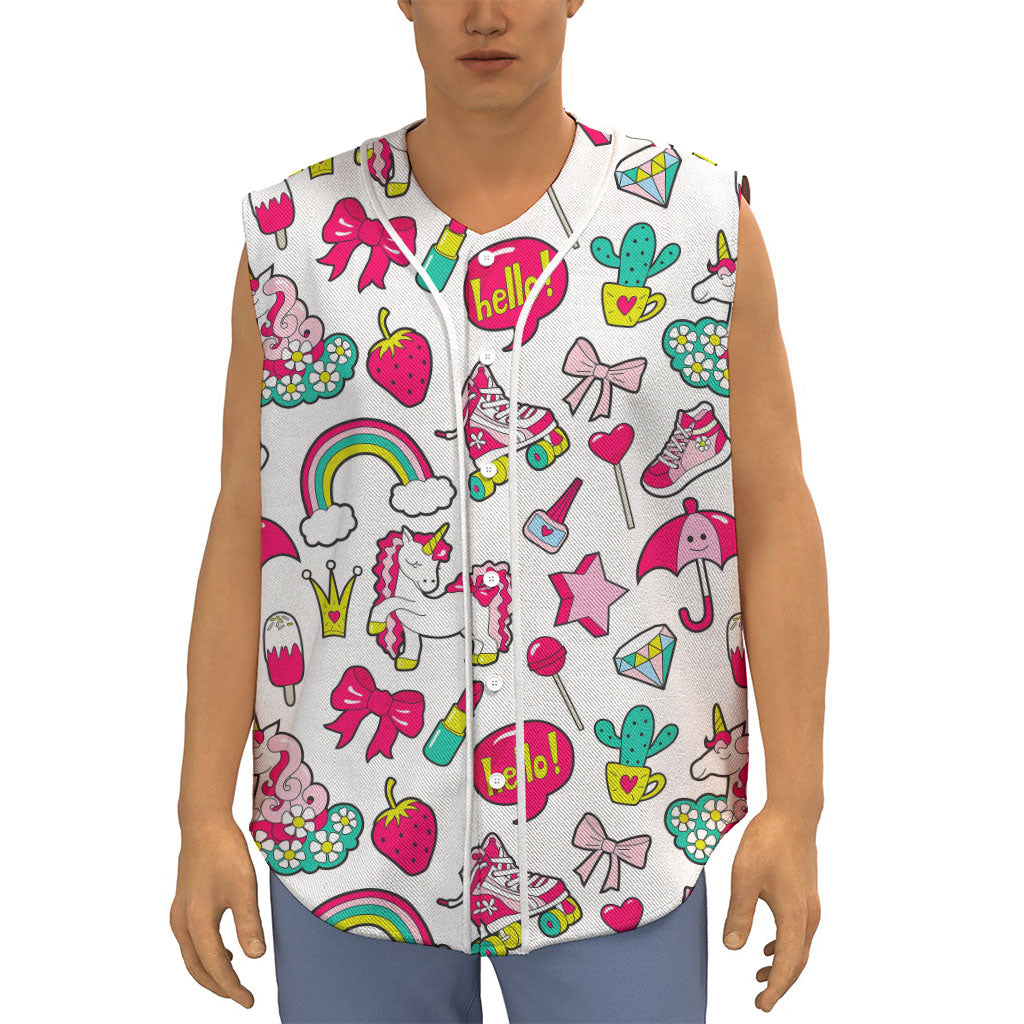 White Girly Unicorn Pattern Print Sleeveless Baseball Jersey