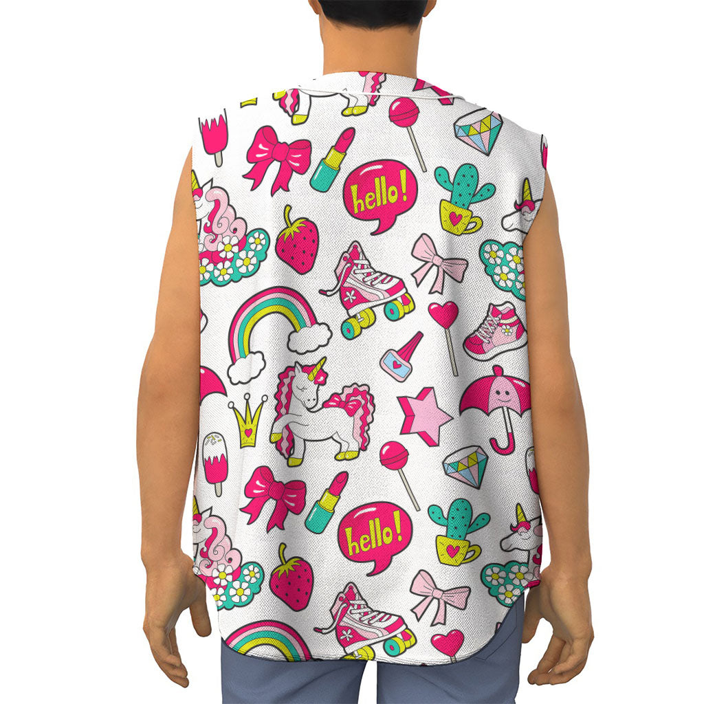 White Girly Unicorn Pattern Print Sleeveless Baseball Jersey