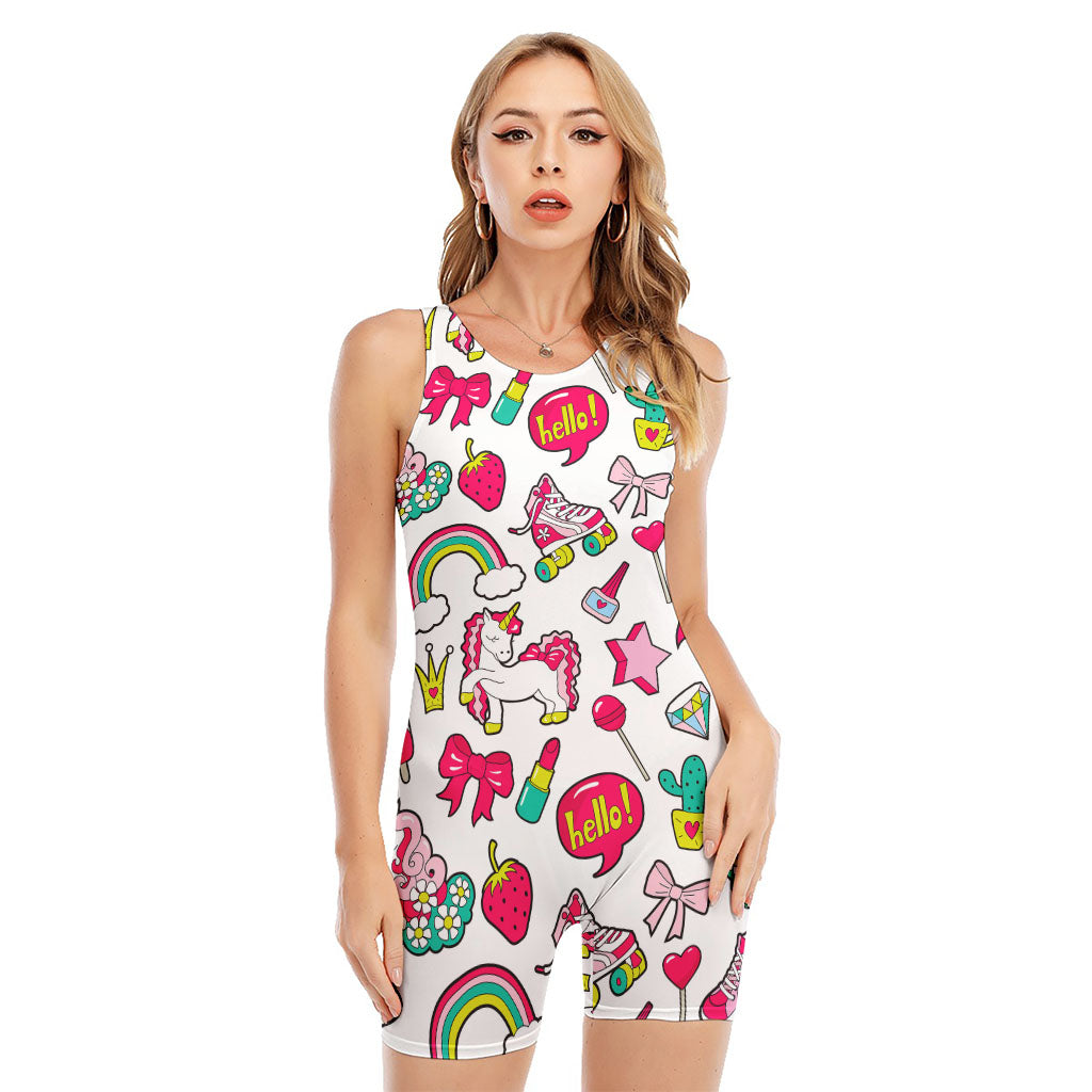 White Girly Unicorn Pattern Print Sleeveless One Piece Swimsuit