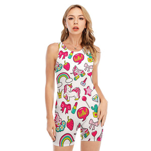 White Girly Unicorn Pattern Print Sleeveless One Piece Swimsuit