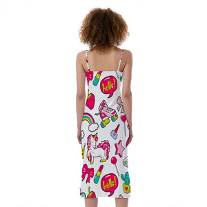 White Girly Unicorn Pattern Print Slim Fit Midi Cami Dress