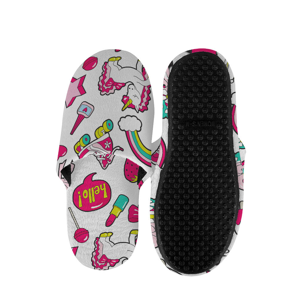 White Girly Unicorn Pattern Print Slippers