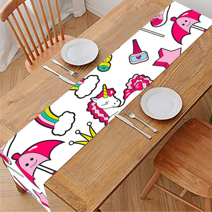 White Girly Unicorn Pattern Print Table Runner
