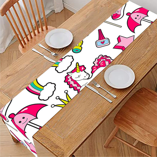 White Girly Unicorn Pattern Print Table Runner