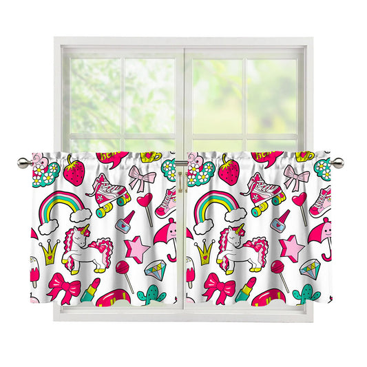 White Girly Unicorn Pattern Print Tier Curtains