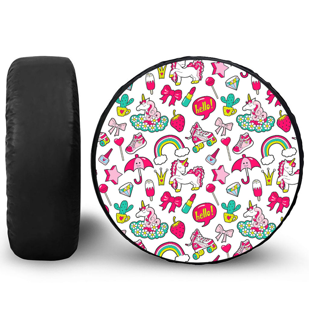 White Girly Unicorn Pattern Print Tire Cover