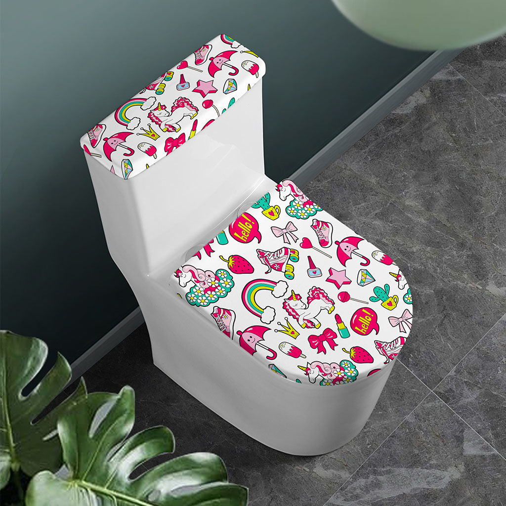 White Girly Unicorn Pattern Print Toilet Lid And Tank Cover Set