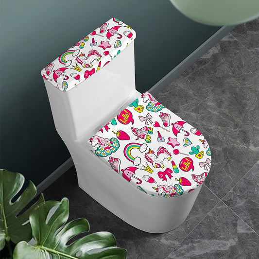 White Girly Unicorn Pattern Print Toilet Lid And Tank Cover Set
