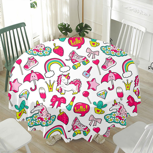 White Girly Unicorn Pattern Print Waterproof Round Tablecloth