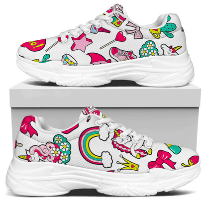 White Girly Unicorn Pattern Print White Chunky Shoes