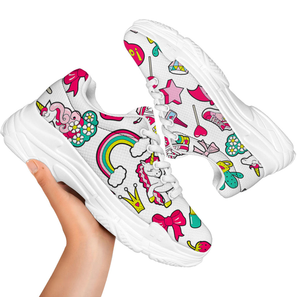 White Girly Unicorn Pattern Print White Chunky Shoes