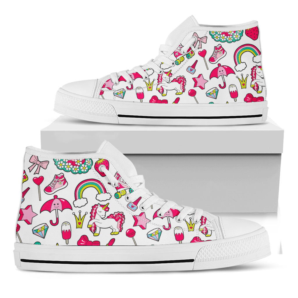 White Girly Unicorn Pattern Print White High Top Sneakers