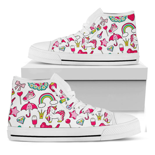 White Girly Unicorn Pattern Print White High Top Sneakers
