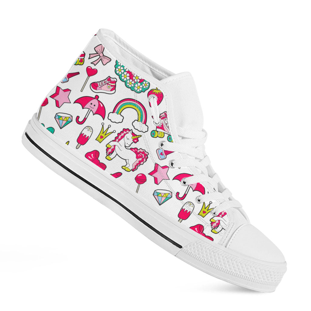 White Girly Unicorn Pattern Print White High Top Sneakers