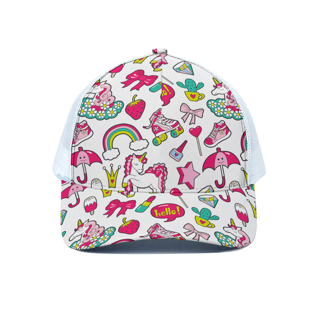 White Girly Unicorn Pattern Print White Mesh Trucker Cap