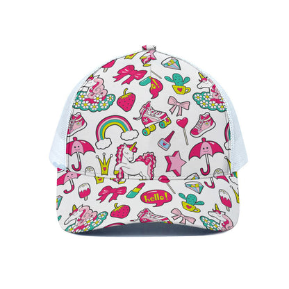 White Girly Unicorn Pattern Print White Mesh Trucker Cap